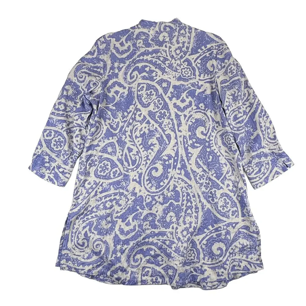 Coldwater Creek Linen Paisley Tunic Women 1X Blue White Pintuck Coastal